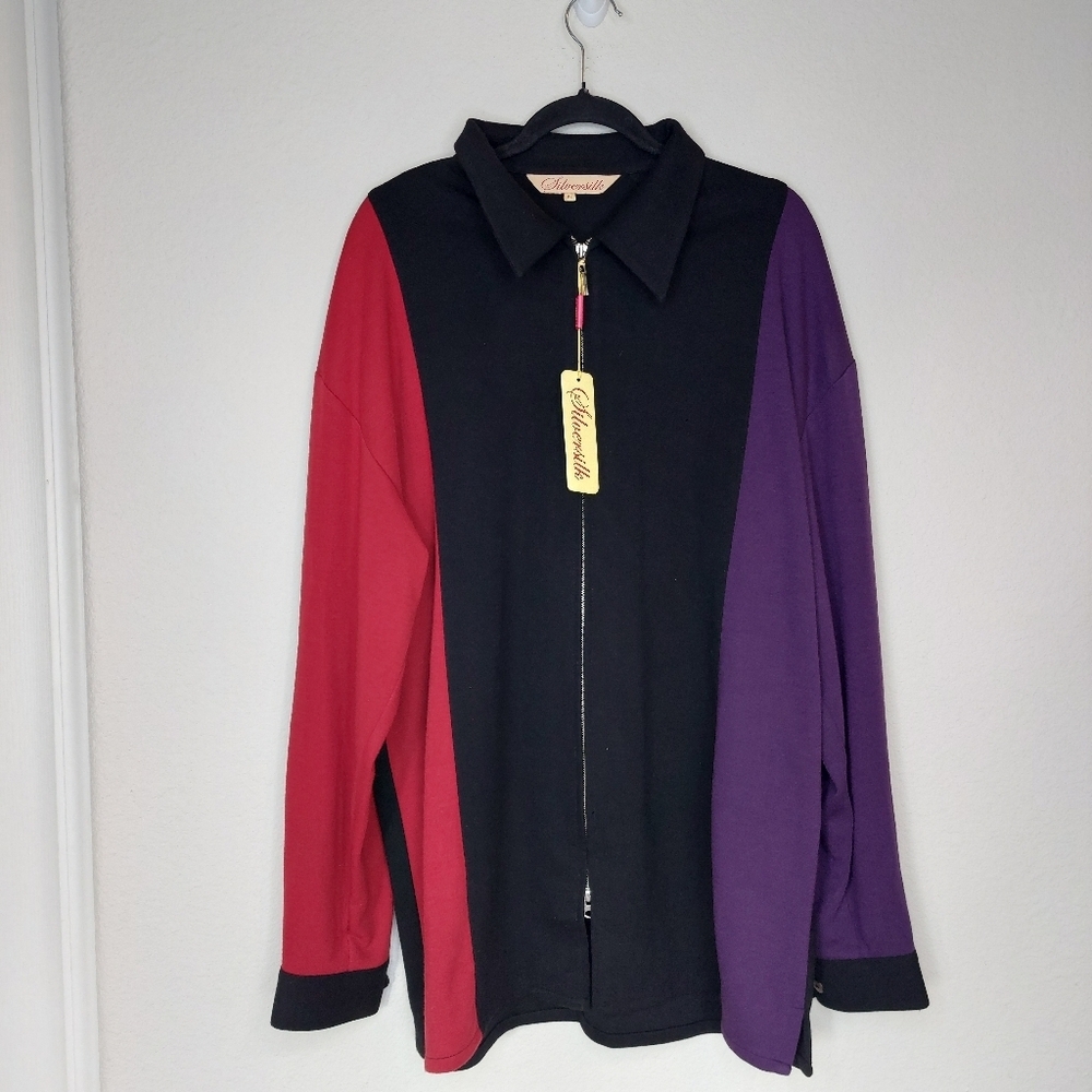 SilverSilk Full Zip Silk Blend Colorblock Cardigan Sweater Size XL NWT‎